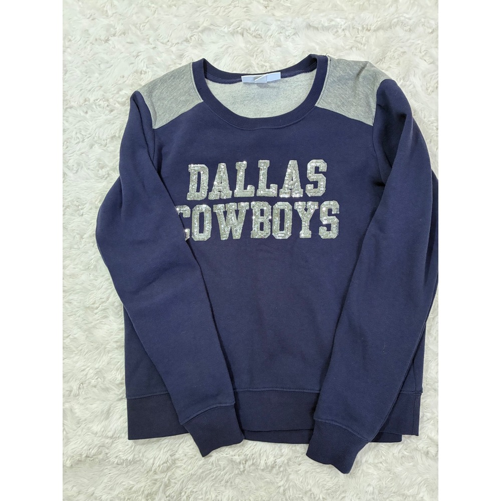 Dallas Cowboys Authentic Womens Sequin Sweatshirt Navy Gray Colorblock Small